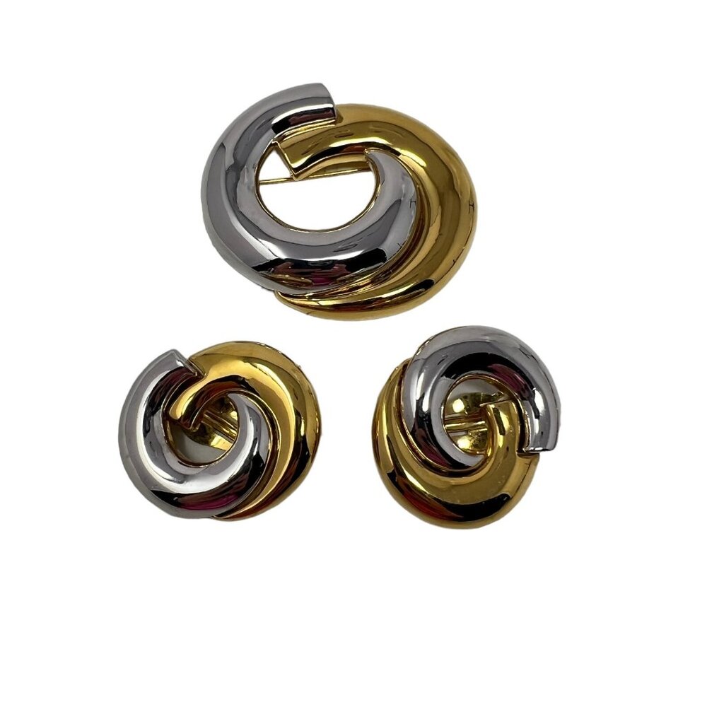 Vintage Mixed Metal Brooch Clip On Earrings Silver Gold Tone Intersecting Moons